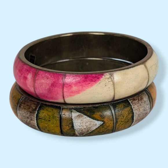 Vintage Set of 2 Brass & Bone Bangles - Picture 5 of 7